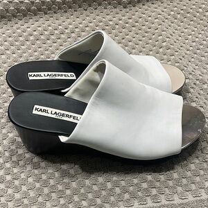 Karl Lagerfeld wedge platform White and Black Paris Lyric Slide Sandals silver